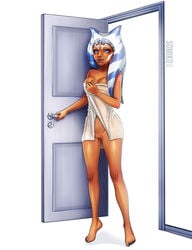 1girls ahsoka_tano blue_eyes cleavage clone_wars doorway female female_only large_breasts orange_skin pussy shaved_pussy solo somikoarts standing_in_doorway star_wars the_clone_wars:_season_seven togruta towel_only