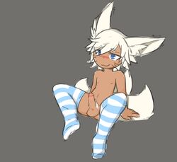 animal_ears balls bargglesnatch-x1 blue_eyes blush erection fox_(bargglesnatch-x1) fox_humanoid humanoid_penis multiple_tails nipples pubes stockings striped_stockings sweat tail tan_skin whiskers white_hair