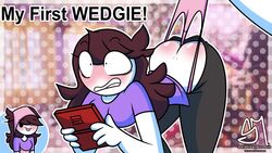 1girls accurate_art_style ass background black_pants blush brown_hair butt_blush female female_focus female_only fetish jaiden jaiden_animations jaidenanimations logo nintendo_ds panties panty_pull pink_panties pulling pulling_panties purple_shirt semidraws shocked shocked_expression thumbnail tongue_out watermark wedgie white_body white_skin wink youtube youtuber youtuber_girl