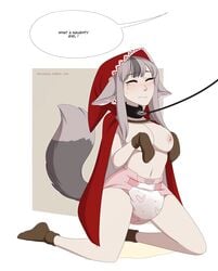 1girls bare_legs begging_pose bondage collar crying diaper english_text femsub fire_emblem fire_emblem_fates humiliation kneeling leash medium_breasts merunyaa monster_girl nintendo nipples petplay solo_focus text velouria_(fire_emblem) wolf_girl