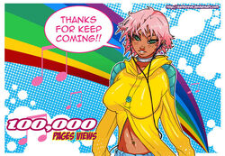 1girls clothed clothed_female dark-skinned_female darkereve freckles green_eyes headphones jagua_tales looking_at_viewer monica_del_rio music_note pierced_ears piercing pink_hair rainbow raincoat ring_necklace short_hair solo solo_female solo_focus talking_to_viewer yellow_coat yellow_jacket_(clothing)