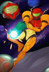 arm_cannon artist_name blonde_hair blue_eyes eyes_rolled_back fart farting female female female_only flying_sweatdrops full_body hair_between_eyes high_resolution merunyaa metroid metroid_(creature) metroid_prime multiple_views nintendo onomatopoeia planet samus_aran smell solo space stars tumblr_username varia_suit weapon web_address