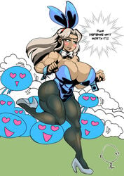 1girls abs big_breasts blush bowtie bunny_ears bunny_girl bunnysuit cleavage clothing cosplay crossover dragon_quest dragon_quest_iii elma_(xenoblade_x) heart huge_breasts jester_(dq3)_(cosplay) large_breasts latex muscular onatart pantyhose running slime slime_(dragon_quest) solo thick_thighs thighs toned toned_female xenoblade_(series) xenoblade_chronicles_x