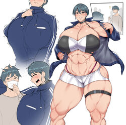 abs alternate_hairstyle big_breasts choker cleavage curvy female huge_breasts jacket male mask mature_female milf mother mother_and_son muscular muscular_female muscular_thighs natedecock natsumi_(natedecock) original seductive short_hair shorts surgical_mask thick_thighs venus_body very_short_hair