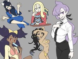 5girls alternate_color alternate_costume anabel_(pokemon) anabel_(pokemon_sm) bangs black_hair black_neckwear black_pants black_ribbon blonde_hair blue_eyes blue_footwear blue_pants blush breasts capri_pants clenched_hand collarbone collared_shirt commentary creatures_(company) dahlia_(pokemon) dark-skinned_female dark_skin eyelashes female fingernails flats food frontier_brain game_freak gooberman greta_(pokemon) grey_background grey_eyes gym_leader hair_ribbon hand_up hands_up highres holding holding_stick iris_(pokemon) jacket korrina_(pokemon) leti_(pokémon) liza_(pokemon) long_hair long_sleeves looking_at_viewer multiple_girls navel necktie nintendo open_mouth panties pants pasties pokemon pokemon_(game) pokemon_(species) pokemon_bw pokemon_dppt pokemon_oras pokemon_sm pokemon_xy ponytail popsicle purple_eyes purple_hair red_sweater ribbon riolu sexually_suggestive shiny_pokemon shirt simple_background smile stick sweater turtleneck turtleneck_sweater two_side_up underwear v white_ribbon white_shirt yellow_panties