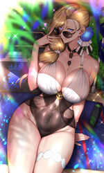 1girls absurdres adjusting_eyewear adjusting_glasses adjusting_sunglasses aviator_sunglasses azur_lane bare_shoulders big_breasts blonde_female blonde_hair blue_eyes breasts brown-tinted_eyewear center_opening cleavage collarbone covered_navel curvy earrings flower hair_flower hair_ornament hair_over_shoulder hand_up heart highres hood_(azur_lane) hood_(sunlit_lady)_(azur_lane) huge_filesize jewelry kome_cola large_breasts long_hair looking_at_viewer looking_over_eyewear looking_over_glasses looking_over_sunglasses necklace official_alternate_costume one-piece_swimsuit parted_lips sitting smile solo sunglasses swimsuit thigh_strap tinted_eyewear voluptuous wet