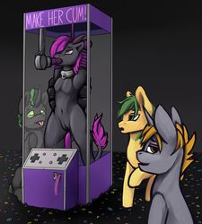 1girls 3boys arcade arcade_machine arms_tied arthropod blep bondage bound button_(disambiguation) carpet changeling chimera collar collar_only cuntboy cuntboysub digital_media_(artwork) dildo dildo_fellatio dildo_in_mouth dildo_suck draconequus english_text equid equine feral friendship_is_magic fur furry genitals group hasbro hi_res horn horse hybrid intersex male male_with_cuntboy mammal mane miramore my_little_pony nude open_mouth oral oral_penetration penetration pony public pussy sex_machine sex_toy sex_toy_in_mouth sex_toy_insertion simple_background submissive sucking text ticket tongue tongue_out unicorn wing_bondage