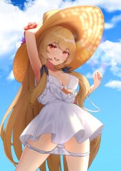 1girls ag-2c_sirene ag-2c_sirene_(cute_dress)_(last_origin) alternate_costume bikini_top blonde_hair dress erect_nipples ett eyebrows_visible_through_hair female female_only hat last_origin light-skinned_female light_skin official_alternate_costume open_shirt pantsu panty_pull pussy_juice skirt_lift solo summer_dress sun_hat swimsuits