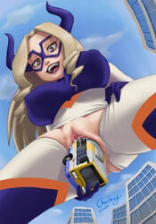 big_breasts blonde_hair breasts bus chouboy city clothed giantess horns huge_breasts large_breasts large_female mask masturbation mount_lady my_hero_academia open_mouth purple_eyes pussy shounen_jump yuu_takeyama