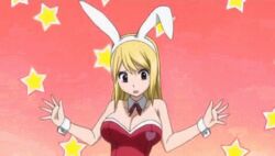 1girls animal_ears animated animated_gif ass blonde_hair bouncing_breasts breasts canon_costume canonical_scene cleavage fairy_tail fake_animal_ears fake_ears fake_tail female female_only heart huge_ass huge_breasts large_breasts lowres lucy_heartfilia pantyhose playboy_bunny rabbit_ears screencap shaking solo solo_female wide_hips