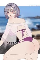 1girls ass azur_lane back back_view bare_back bare_legs big_ass bikini blush covered_nipples cryptid_crab earrings grey_hair looking_at_viewer looking_back medium_breasts medium_hair nipple_bulge one_knee open_mouth purple_bikini purple_eyes purple_swimsuit reno_(azur_lane) see-through solo swimsuit thick_thighs