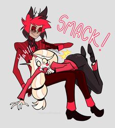 alastor_(hazbin_hotel) bowtie charlastor charlie_morningstar_(hazbin_hotel) clothing deer_ears deer_horns demon_boy demon_girl hazbin_hotel male/female neckwear punished punishment red_cheeks rhythmwhirlpool smooth_skin spanking spanking_ass straight tuxedo