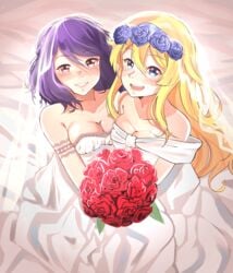 2girls blonde_hair blue_eyes blush blushing_at_viewer bouquet breasts bridal_veil bride cleavage fault_milestone flower holding_bouquet looking_at_viewer pink_eyes purple_hair ritona_reighnvhasta selphine_rughzenhaide smile wedding wedding_dress wedding_veil