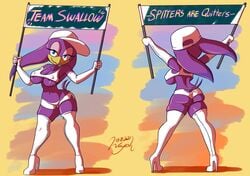 anthro areola areola_slip armpits
 avian beak bird boots breasts cleavage clothed clothing english_text female footwear greasykingdom hi_res high_heeled_boots high_heels hirundinid nipple_outline oscine passerine purple_body sega solo sonic_(series) sonic_riders swallow_(bird) text wave_the_swallow wide_hips