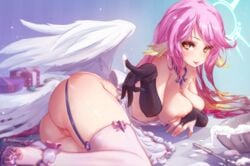 1girls angel ass breast_hold breasts cream heels jibril_(no_game_no_life) mitsu_art naked_apron nipples no_game_no_life pussy stockings thighhighs uncensored wings