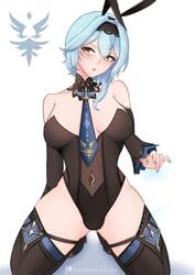 1futa bare_shoulders big_breasts blue_hair bulge bunny_ears bunnysuit clothed clothing eula_(genshin_impact) fully_clothed futa_only futanari genshin_impact gibb_san human kneeling light-skinned_futanari light_skin pale_skin short_hair solo thighhighs tie