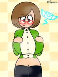 alternate_breast_size black_legwear black_thighhighs brown_hair glasses green_shirt huge_breasts nikki_(swapnote) nintendo red_glasses spunow_ swapnote thighhighs undershirt watermark yellow_background