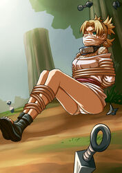 1girls arms_behind_back arms_tied ass blonde_hair bondage boots clothed clothing dress feet_together female female_focus female_only femsub fishnet fishnet_shirt fishnets footwear fully_clothed gag green_eyes hadiruto legs_tied legs_together light-skinned_female light_skin mask naruto naruto_(classic) naruto_(series) one_eye_closed open_toe_shoes outdoors outside panties petite rope rope_bondage shounen_jump sitting solo solo_female solo_focus spiky_hair teenager temari tied_hair toes twintails upskirt white_panties yellow_hair