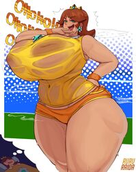 1girls areola areolae breasts cleavage female female_only huge_breasts inverted_nipples laugh laughing mario_(series) mario_tennis nipples ojou-sama_pose princess_daisy ruru-raida solo thick_thighs tomboy venus_body voluptuous wide_hips