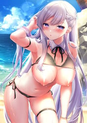 :o arm_strap arm_up armpits ass_visible_through_thighs azur_lane bangs bare_shoulders beach belfast_(azur_lane) bikini bikini_lift black_bikini black_neckwear blue_eyes blue_sky blush bracelet braid breasts cleavage clothes_lift cloud collarbone cowboy_shot day detached_collar eyebrows_visible_through_hair female french_braid groin jewelry large_breasts leaning_forward long_hair navel neck_ribbon nipples ocean outdoors pontaro18 ribbon rock sexy_armpits side-tie_bikini sidelocks silver_hair skindentation sky standing stomach sweat swept_bangs swimsuit