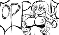 1girls big_breasts bra bra_pull breasts danganronpa danganronpa_v3 female female_focus female_only iruma_miu line_art monja_(jyamong_0907) nipples presenting proud small_waist smile solo straight_hair text undressing