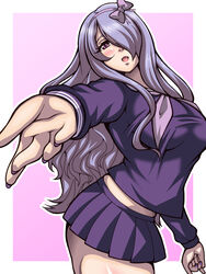 1girls alternate_costume bare_midriff bare_thighs blush bow camilla_(fire_emblem) fire_emblem fire_emblem_fates hair_over_one_eye inabakun00 large_breasts looking_at_viewer midriff_peek nail_polish nintendo open_mouth purple_hair purple_nails reaching_out school_uniform schoolgirl skirt smile solo thick_thighs very_long_hair wavy_hair