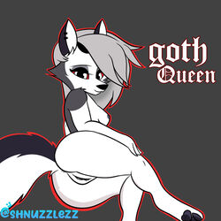 1:1 2021 anthro anus ass black_nose canid ear_piercing english_text female genitals goth goth_queen grey_background hair helluva_boss looking_at_viewer loona_(helluva_boss) mammal nipples nude pawpads piercing pussy red_sclera shnuzzlez simple_background smile solo text white_body