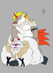 /// 2021 anthro ass bandai_namco blush canid canine digimon digimon_(species) duo hi_res humanoid_hands lexor_komuga male male/male mammal muscular muscular_male nipples overweight overweight_male rasenmon sex simple_background vikemon viking_helmet white_body