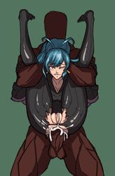 anal anal_sex blue_hair cum cum_in_ass dark-skinned_male female fire_emblem fire_emblem_heroes human legs_over_head ponytail reginn_(fire_emblem) torn_clothes torn_clothing yellow_eyes