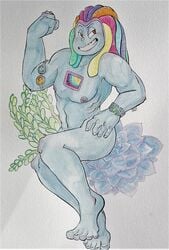 anthro bismuth_(steven_universe) blue_skin brown_eyes cartoon_network dreadlocks female flat_chest flexing flexing_arms flexing_bicep multicolored_hair muscular raevenilonka steven_universe succulent traditional_media_(artwork)