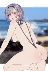 1girls ass azur_lane back back_view backboob bare_back bare_legs big_ass black_swimsuit blush covered_nipples cryptid_crab earrings grey_hair looking_at_viewer looking_back medium_breasts medium_hair nipple_bulge one-piece_swimsuit one_knee open_mouth purple_eyes reno_(azur_lane) revealing_clothes sideboob skimpy sling_bikini solo swimsuit thick_thighs underboob