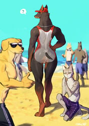 1girls ? anthro back_view beach bebebebebe blurry_background canine cap doberman dobermann_(bebebebebe) dog_ears dog_tail feline female fur furry furry_only hi_res kneeling lifeguard looking_at_viewer looking_back male multiple_boys muscular seaside speech_bubble sunglasses swimsuit thumbs_up toned toned_female