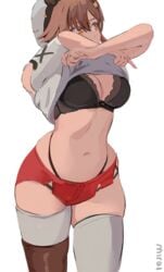 1girls 2021 atelier_(series) atelier_ryza atelier_ryza_2 black_bra black_panties bra breasts brown_eyes brown_hair female female_focus female_only flat_colors hairclip hat highleg_panties hips large_breasts looking_forward miraihikari panties red_shorts reisalin_stout shirt_lift short_hair short_shorts shorts simple_background sketch slim_waist thick_thighs thigh_boots thighhighs thighs undressing white_background white_hat wide_hips wip work_in_progress