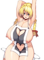 apron big_breasts blonde_hair censored female female_only gigantic_breasts huge_breasts masao naked_apron nipples original pussy solo