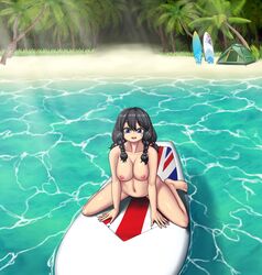 anji_(mk001black) beach black_hair blue_eyes braid braided_hair mk001black nude nude_female ocean original original_character palm_tree sea seaside surf surfboard surfing young younger_female