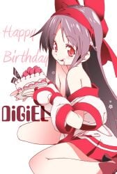 1girls ainu_clothes artist_name birthday birthday_cake black_hair breasts cake cleavage eating female female_only fingerless_gloves food gloves hair_ribbon king_of_fighters legs long_hair looking_at_viewer medium_breasts nakoruru red_eyes ribbon samurai_shodown sitting smile snk solo thighs tongue tongue_out weapon