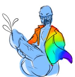 blue_skin cool_guy_1 cum holding_penis huge_balls huge_cock madness_femboy mayhem rainbow_coat shitpost