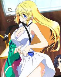 angelina_kudou_shields armpits ass big_breasts blue_eyes boob_window bra bra_cups_sticking_out coat collar collared_shirt dat_ass dress dressing_up female female_only inner_sideboob light-skinned_female light_hair light_skin long_hair long_legs loose_clothes loose_hair mahouka_koukou_no_rettousei mamezuka_takashi neckline panties school_uniform short_sleeves skinny thick thick_thighs thin_arms thin_female thin_waist tie_in_mouth underwear white_body white_skin