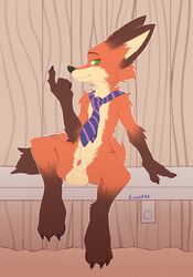 absurd_res animal_genitalia anthro balls beckoning canid canine crombie disney fox genitals gesture hi_res looking_at_viewer male male_only mammal mostly_nude necktie nick_wilde sheath sitting solo zootopia