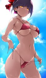 1girls bikini breasts cat_girl female female_only gegege_no_kitarou hair_ribbon humanoid looking_at_viewer nekomusume pointed_ears red_bikini short_hair solo thick_thighs thighs tsukasawa_takamatsu tukasawa02 voluptuous yokai