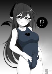 1futa black_hair black_sclera breasts bulge clothed clothing demon demon_girl erect_nipple erection erection_under_clothes futa_only futa_sans_balls futanari horns humanoid humanoid_penis iryanic long_ears long_hair monochrome mostly_clothed penis pointy_ears solo standing swimsuit swimsuits tail white_skin