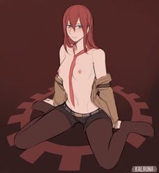 1girls blue_eyes clothes_removed hair_between_eyes kalruna long_hair looking_at_viewer makise_kurisu medium_breasts nipples open_clothes pantyhose red_hair shorts sitting solo steins;gate topless