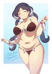 1girls big_breasts bikini bracelets closed_eyes cloudxmoe drasna_(pokemon) earrings elite_four female happy mature_female nintendo nipples_visible_through_clothing old_woman older_female pokemon pokemon_xy puffy_nipples tummy twintails