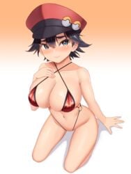 1girls big_breasts bikini blue_eyes blush breasts emb female female_only hat kneeling micro_bikini npc_trainer pokemon pokemon_masters pokemon_ranger_(pokemon) pokemon_ranger_(pokemon_masters) short_hair solo solo_female swimsuit thighs very_short_hair