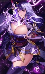 1girls between_breasts braid breasts busty cleavage clothing electricity genshin_impact hi_res huge_breasts kimono mole mole_under_eye pantheon_eve purple_eyes purple_hair raiden_shogun sword thighhighs weapon