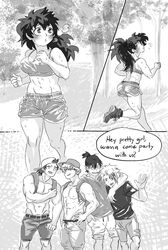 1girls 4boys catcalling comic curvy denki_kaminari eijirou_kirishima english_text female female_deku forest frat_boy genderbend genderswap_(mtf) hanta_sero imminent_gangbang in_public izuku_midoriya jogging katsuki_bakugou male monochrome multiple_boys muscular muscular_male my_hero_academia outside ponytail rule_63 shirtless short_shorts shorts spiky_hair sports_bra sweat text thick_thighs thighs woods workout