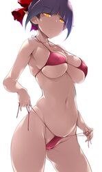 1girls bikini breasts cat_girl female female_only gegege_no_kitarou hair_ribbon humanoid looking_at_viewer nekomusume pointed_ears red_bikini short_hair simple_background solo thick_thighs thighs tsukasawa_takamatsu tukasawa02 voluptuous yokai