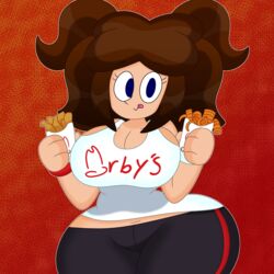 3barts arby's belly_button big_ass big_breasts blue_eyes food shortstack thick_thighs tongue_out wide_hips