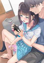 2boys absurdres barefoot black_hair black_legwear blush bow_panties brown_hair collarbone collared_shirt commentary_request controller couch crossdressing door drooling earphones earpiece femboy girly green_eyes grey_eyes grin handjob highres holding holding_controller huge_filesize indoors long_hair male male/male male_focus multiple_boys nipple_tweak onomi9ta open_mouth original otoko_no_ko panties pantyjob pink_panties pleated_skirt school_uniform serafuku shirt short_hair short_sleeves sitting skirt smile socks spread_legs teeth trap twintails underwear wooden_floor yaoi