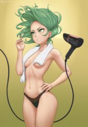 1girls artist_name bare_shoulders black_panties breasts clothing collarbone curly_hair eyelashes female female_focus female_only green_eyes green_hair hair_dryer hand_on_hip highres hips human levitation looking_to_the_side looking_up medium_hair navel one-punch_man oppaiserothicc panties petite revealing_clothes simple_background skimpy small_breasts solo solo_female tatsumaki thighs topless towel towel_around_neck underwear yellow_background